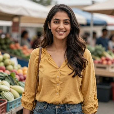 Woman laughing at a farmers market in yellow blouse, SendBerly member preview