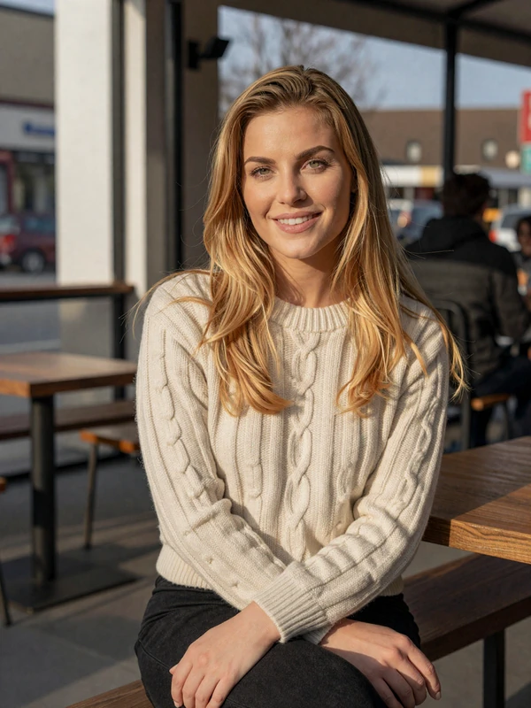 Smiling woman in cream sweater at a cafe, profile preview on SendBerly dating site