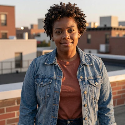 Woman in denim jacket on a rooftop at sunset, online dating profile preview